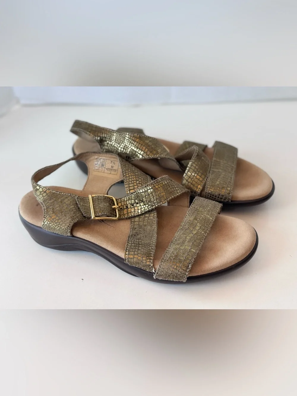 SAS Gold Metallic Reptile Print Comfort Sandals Adjustable Leather Women’s 7.5 M